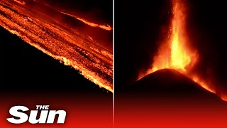 Spectacular scenes as Sicilys Mount Etna erupts for the fourth time in as many days [upl. by Corena]