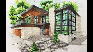 How to draw an Architectural sketching of house with markers Como hacer un Bosquejo arquitectónico [upl. by Mulderig]