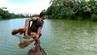 Net Fishing on Boat।Traditional Cast Net Fishing in River।fishing videos part140 [upl. by Enirual]