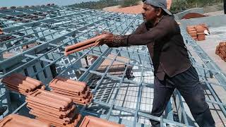 Mangalore Clay Roof Tiles Fitting Work On GI Framing Work [upl. by Nihhi]