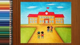 School Drawing  How To Draw a School Scene Step by Step for Kids [upl. by Evslin407]