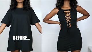 DIY Lace Up Bodycon Dress  TShirt Transformation [upl. by Meryl]