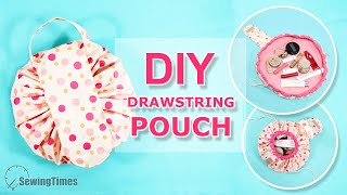 DIY ROUND DRAWSTRING POUCH  Portable Makeup Bag Easy Tutorial sewingtimes [upl. by Kenzie]