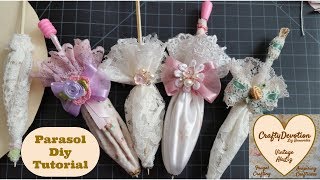 Diy Parasol Embellishment Christmas Ornament decor Fabric crafts Umbrella how to make Shabby Chic [upl. by Dranoc19]