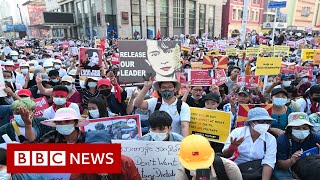 Roads blocked in Yangon as thousands protest Myanmar coup  BBC News [upl. by Arak771]