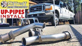 2001 F350 73  RiffRaff UpPipes Install  Stock up pipes leaking and falling apart JUNK SP [upl. by Sukram]