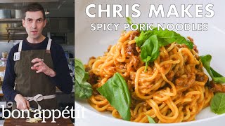 Chris Makes SpicySweet Sambal Pork Noodles  From the Test Kitchen  Bon Appétit [upl. by Haas689]