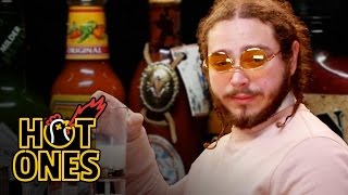 Post Malone Sauces on Everyone While Eating Spicy Wings  Hot Ones [upl. by Langille143]