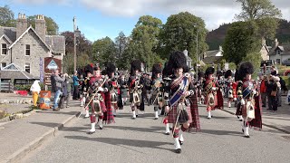 Massed Pipes and Drums march to the 2019 Braemar Gathering in Royal Deeside Aberdeenshire Scotland [upl. by Mortimer]