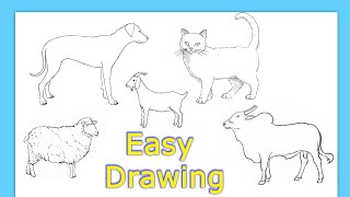 5 Animals Drawing Easy 💚 How to draw domestic Animals step by step easy [upl. by Eckblad]