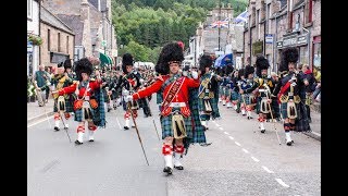 Massed Pipes amp Drums parade through Deeside town to start the Ballater Highland Games 2018 [upl. by Harden]