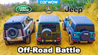 Defender v Mercedes G350 v Wrangler  Uphill DRAG RACE amp Offroad BATTLE [upl. by Belshin347]